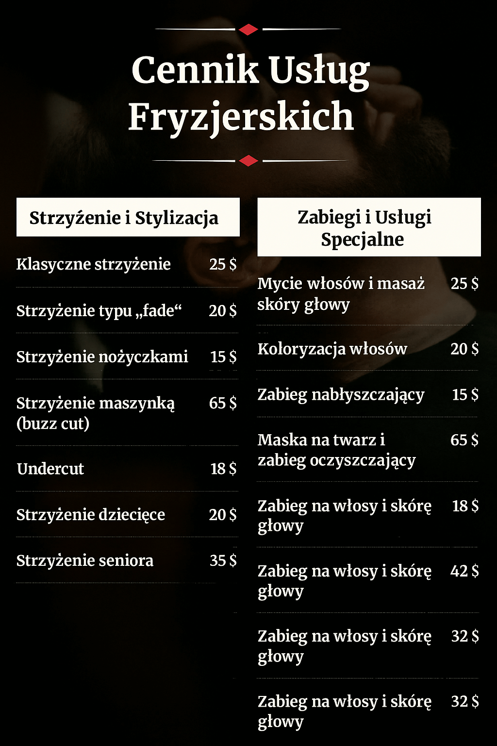 projekt cennika dla strony barber