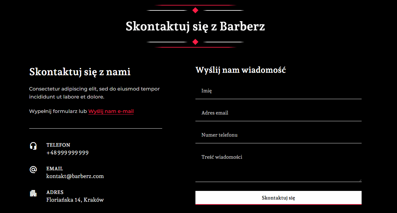 kontakt sekcja dla strony barber