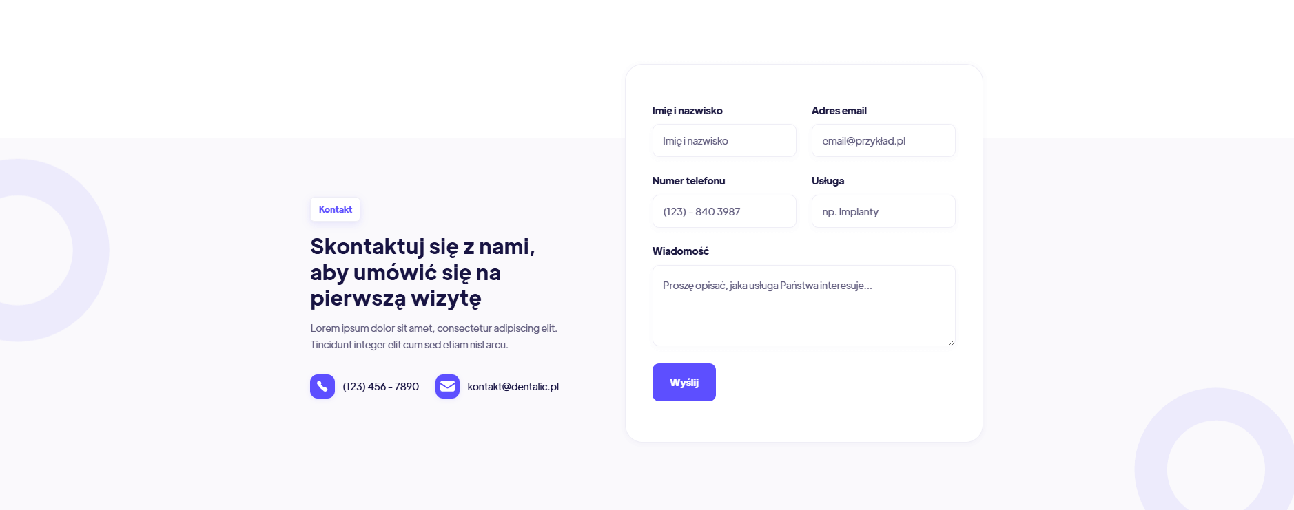 projekt kontakt sekcja dla strony klinika dentystyczna
