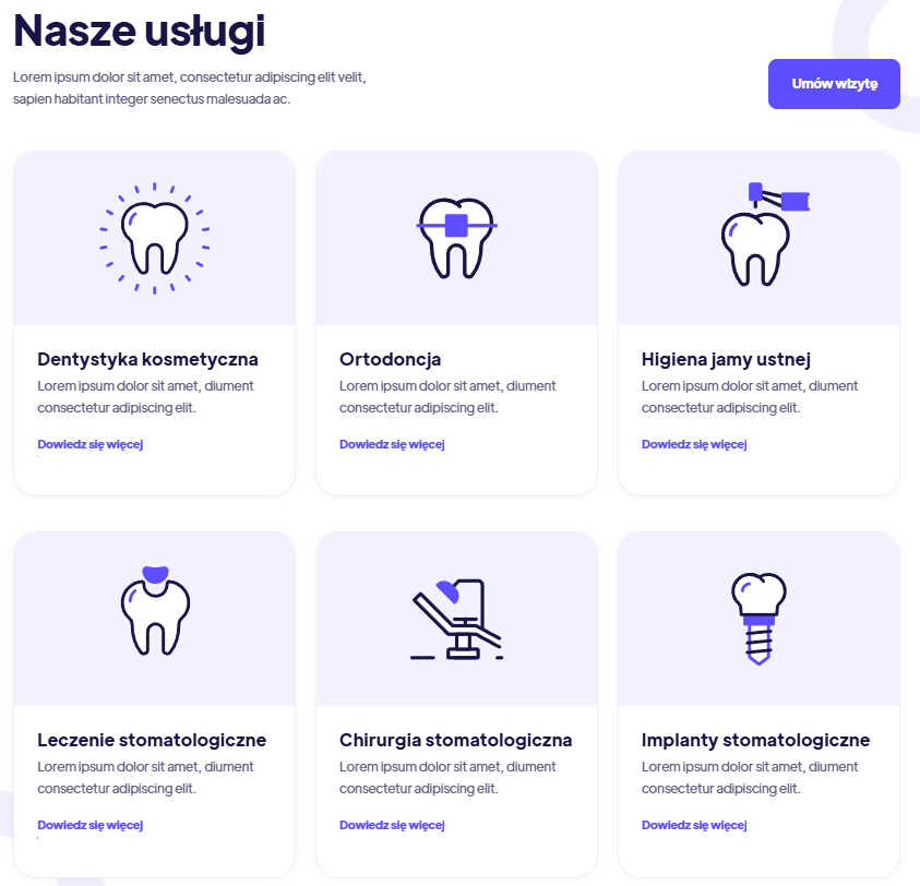 projekt usługi section dla strony klinika dentystyczna