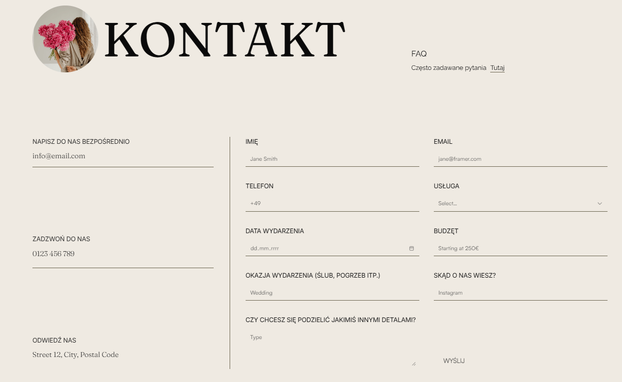 projekt kontakt sekcja dla strony firmy florystycznej